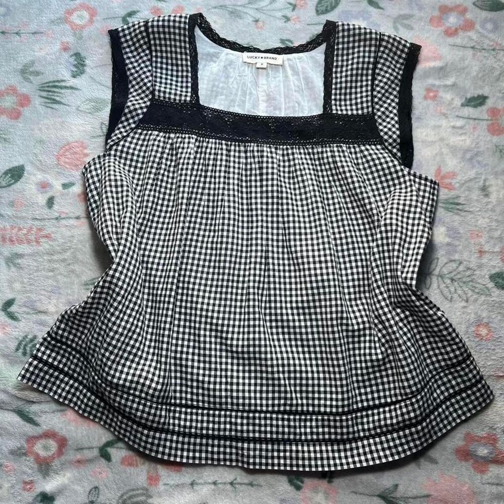 Lucky Brand Gingham Lace Top M - Retro Cottage Farm Folk Boho Prairie Picnic 50s
